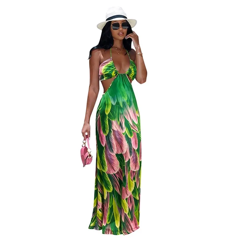 Midja band skär ut sommar bohemian maxi dres halter hals backless strand es sexig fjäder print club party 210623