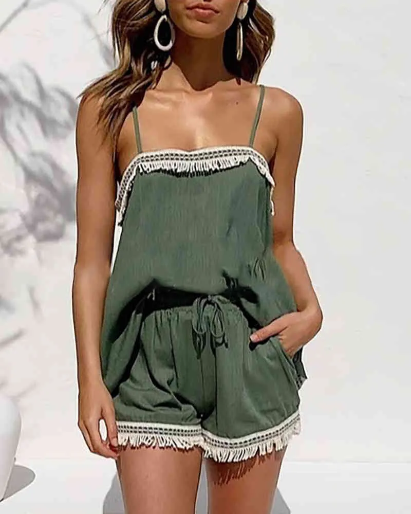 Mode Kvinnor Sommar Elegant Spaghetti Strap Tassel Top Shorts Set Lady Casual Square Neck Solid Suit Set Plus Storlek 210415