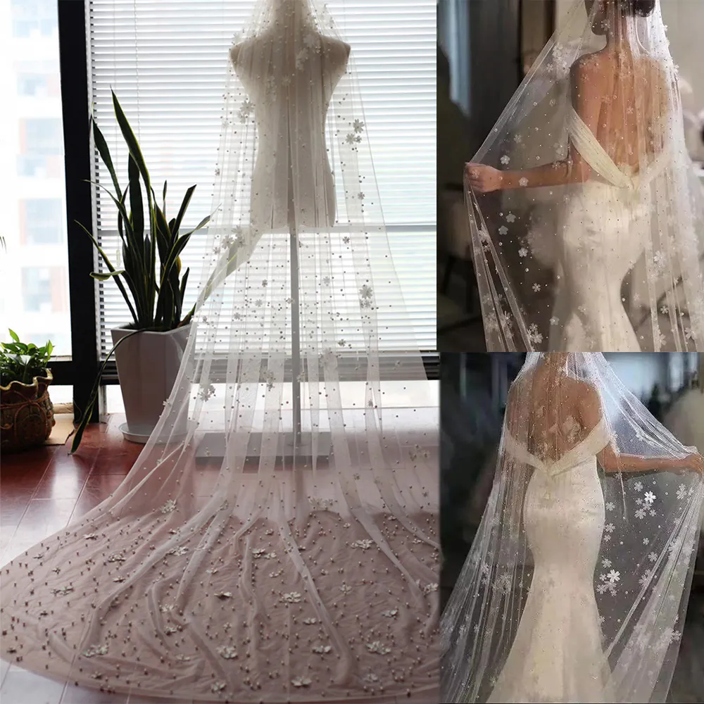 Luxury Cathedral Veil NEW 1 Tier Pearls Wedding Bridal Veil With comb Long  2M 3M