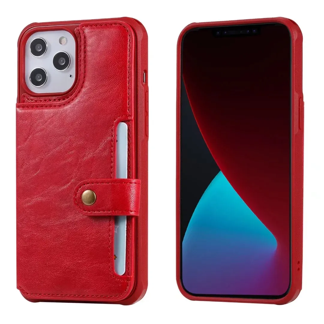 Schokbestendige telefoonhoesjes voor iPhone 12 11 Pro X XR XS Max 7 8 Plus Iron Buckle Solid Color PU Lederen KANTEN Beschermingskas met kaartenslots