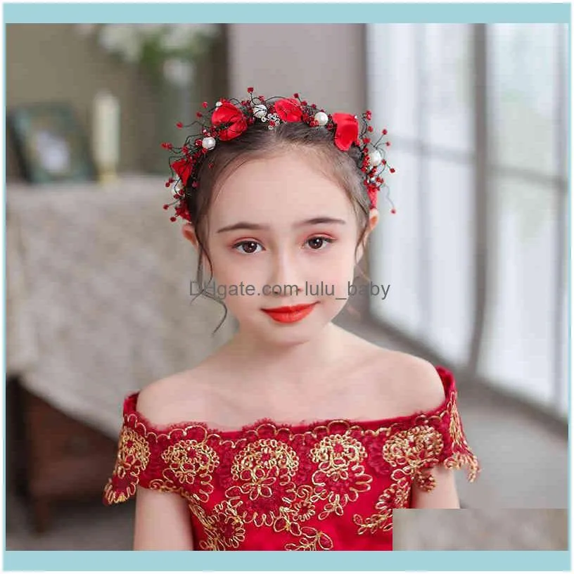 Baroque Vintage Gold Red Headbands For Kids Children Crystal Pearl Tiaras Hairbands With Earrings Women Bridemaid Hair Jewelry