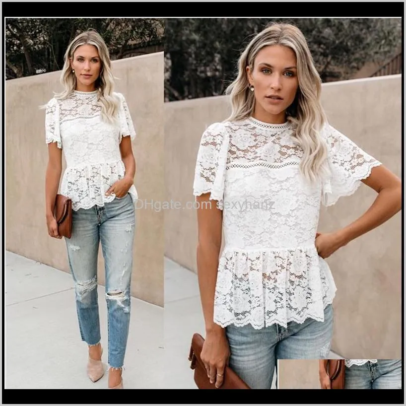 women`s fashion lightweight short flowy sleeves glam white lace peplum top