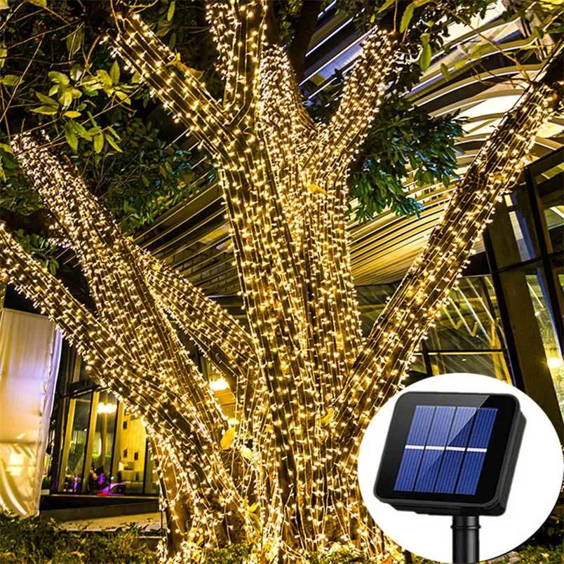 Luci esterne a stringa di fata solare 105Ft 310LED Luci scintillanti impermeabili per Natale Patio Giardino Cortile Festa di nozze Decorazioni per alberi 211104