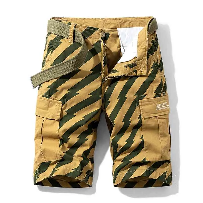 Sommar Overaller Shorts Men Cool Camouflage Bomull Casual Striped 5-Point Pants 210716