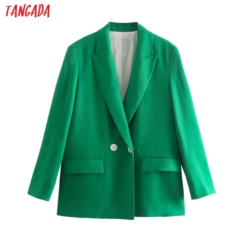 Tangada Kobiety Solidna Zielona Blazer Płaszcz Vintage Double Breasted Długim Rękawem Kobiet Odzież Odzszenice Chic Topy 2W57 211019