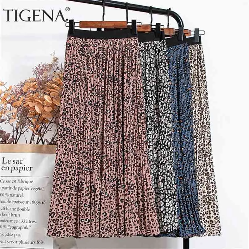 Tigena vår vintage leopard chiffong kjol kvinnor mode tryck fodrad en linje elastisk hög midja pläterad lång kvinna 210619