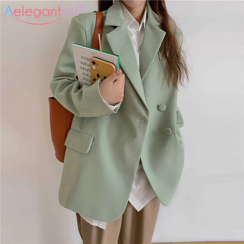 AELEGANTMIS Coreano Casual Solto Chique Escritório Senhora Blazer Casaco Mulheres Elegante Elegante Verde Terno Casaco Feminino Outwear 210607