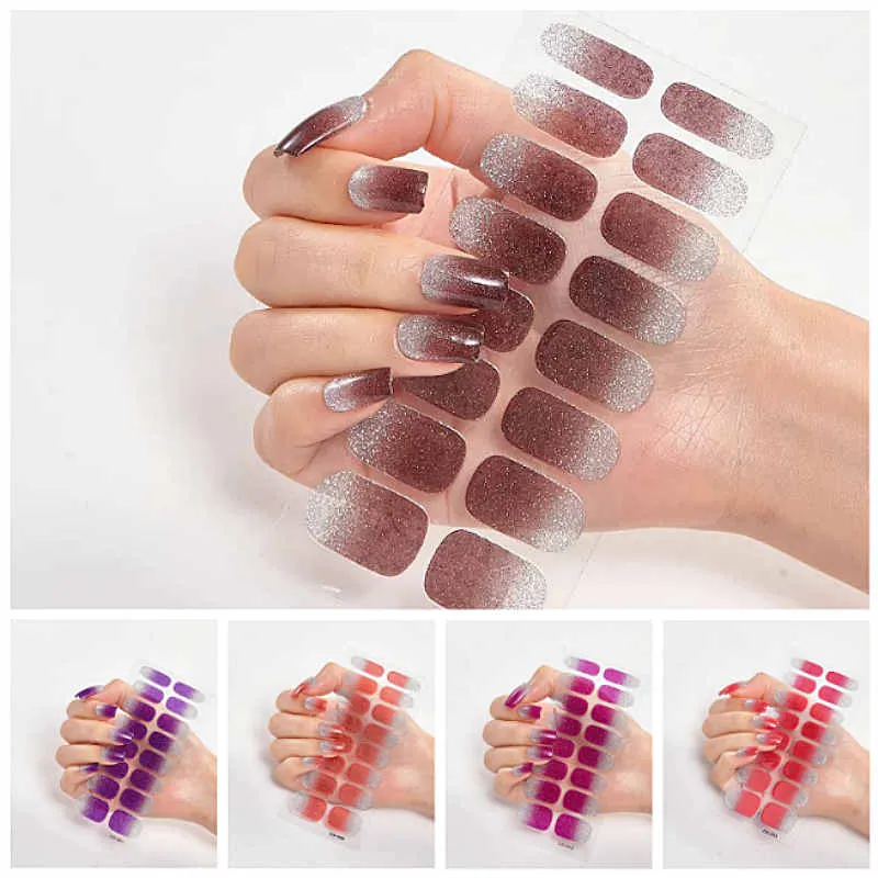 Vente en gros Shining Glister Nail Stickers pour femmes filles Gradient Color 16 Pcs Tips Full Sticker Stickers Sheet