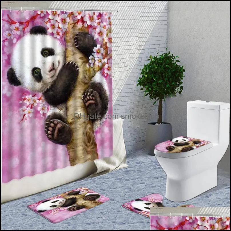 Shower Curtains Fun Panda Bath Mat Cute Cartoon Animal Non-Slip Rug Childrens Room Bathroom Decor Toilet Cover Luxury Carpet Set