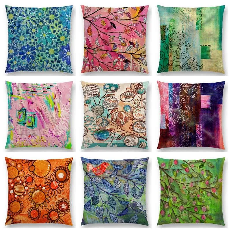 Cushion/Decorative Pillow Abstract Colors Art Painting Pastel Branch Leaf Colorful Blocks Fantasy Decorative Pattern Cushion Sofa Throw