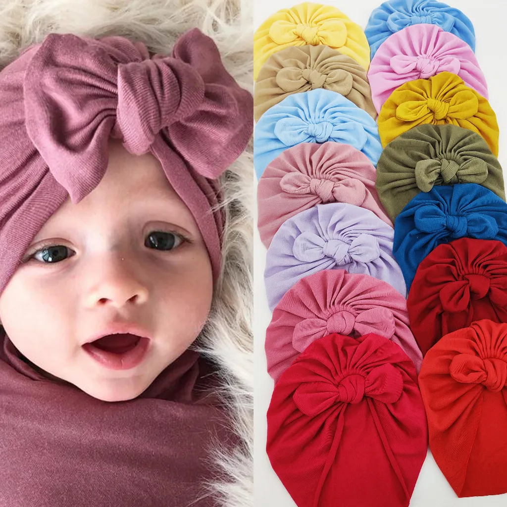 INS NEW 14 Colors Fashion Pure Color Baby Beanie Cap Bow Knot Hair accessories Cap Infant Turban Hats