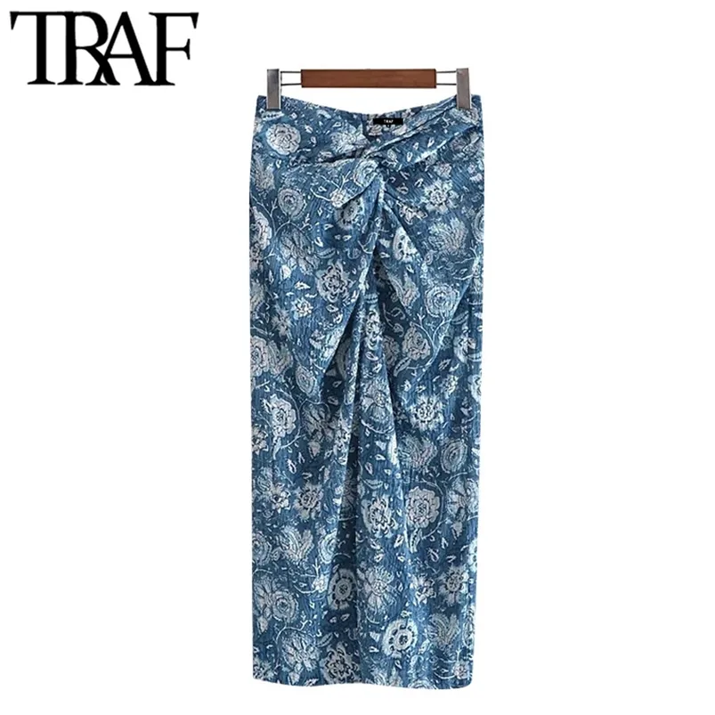 Women Fashion With Knot Printed Front Vent Midi Skirt Vintage High Waist Back Zipper Female Skirts Mujer 210507