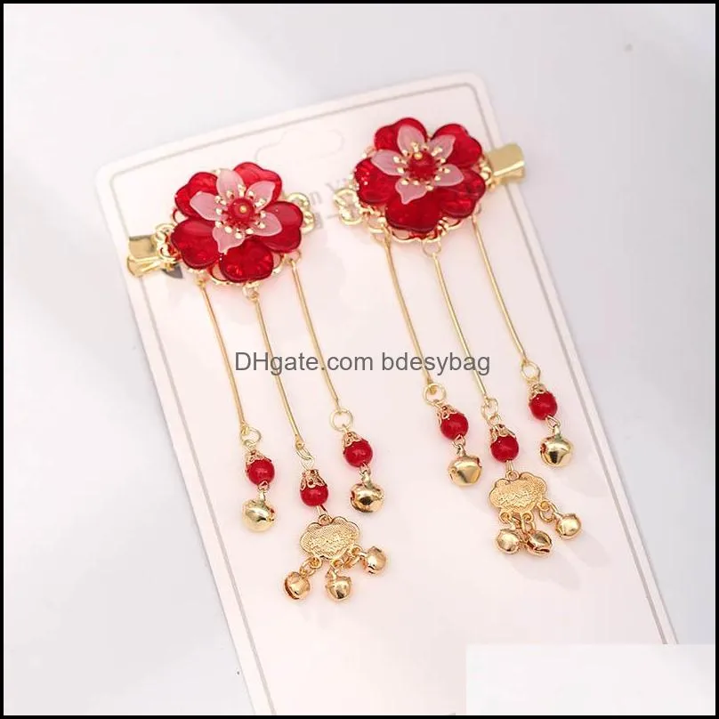 Other FORSEVEN Vintage Headdress Long Tassel Pendant Hair Pin Step Shake Clips Red Flower Headpeice Bride Wedding JL