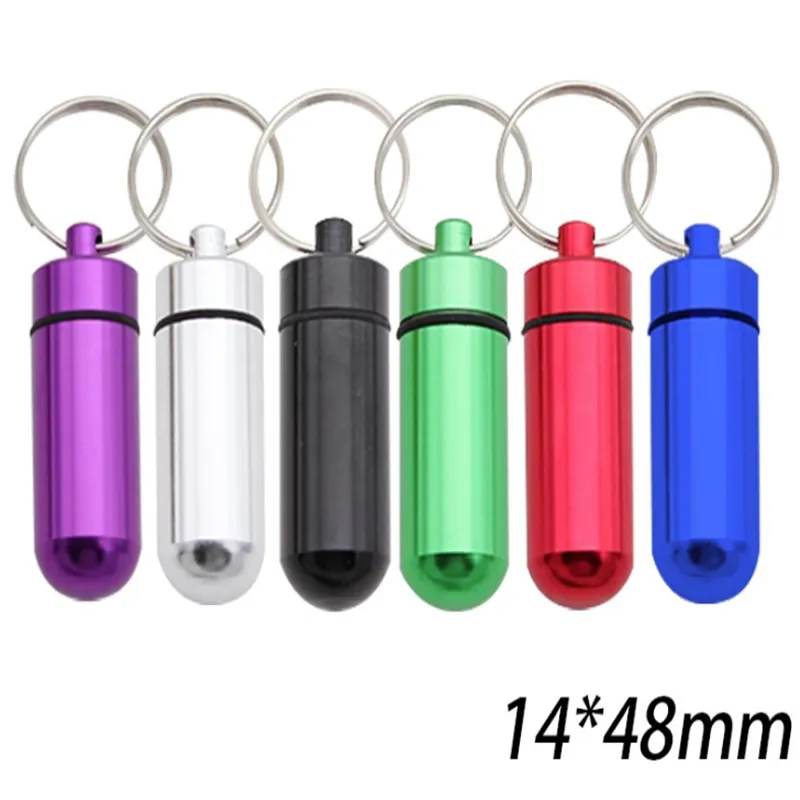 48*14mm Metal container keychain aluminum pill box holder Multifunction First Aid Key Chain Aluminum Bottles Keyring Seal Jar