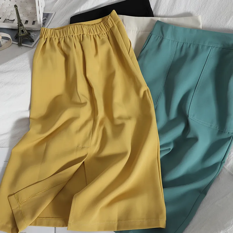 Koreanska Midi Skirt Kvinna sommar med delat elegant ett steg för kvinnans hög midjaväska Hip Pocket Solid Mid-Calf 210420