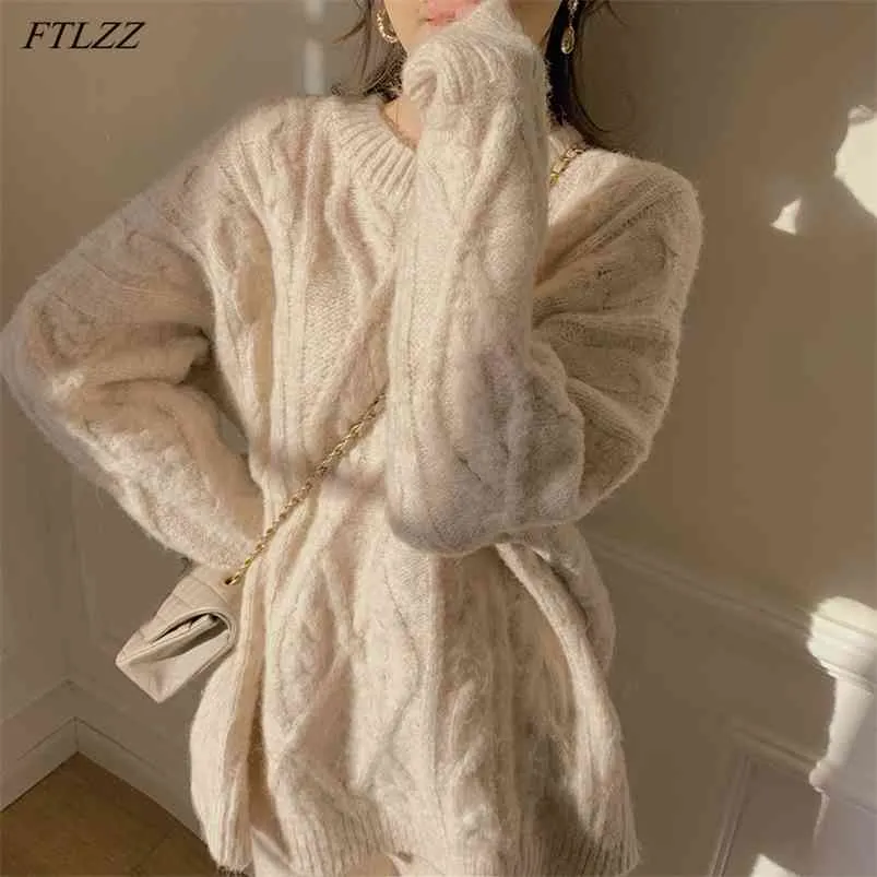 여성 여성 뜨개질 오버지 스웨터 긴 소매 소녀 스웨터 느슨한 우아한 니트 두꺼운 겉옷 풀오버 210430