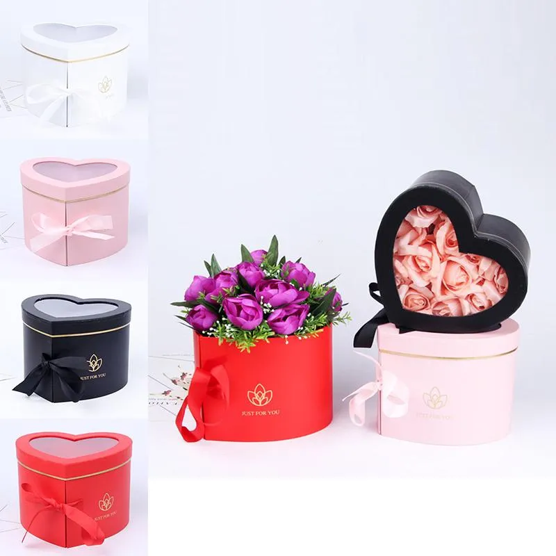 선물 랩 크래프트 종이 두 레이어 심장 플로리스트 꽃 투명 창으로 포장 상자 DIY 수제 선물 상자 웨딩 장식