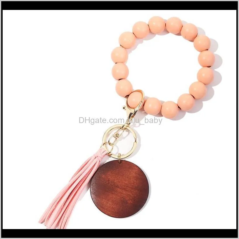 11 colors Wooden Bracelet Keychain with Tassels Keys DIY Wood Fiber Pandent Woodwooden Bead Bangle Key Decorate Fashion 1651 Q2