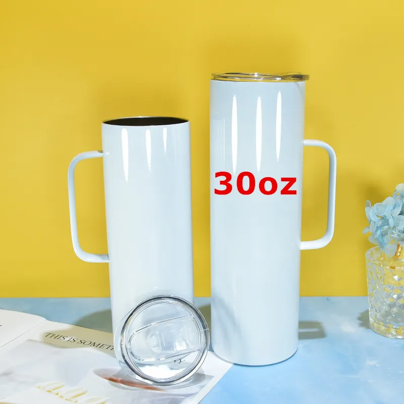 Sublimatie 30oz handle rechte tuimelaars wit blanco handgrip bekers 304 roestvrijstalen waterflessen dubbel geïsoleerd glas met lidplastische stro A12
