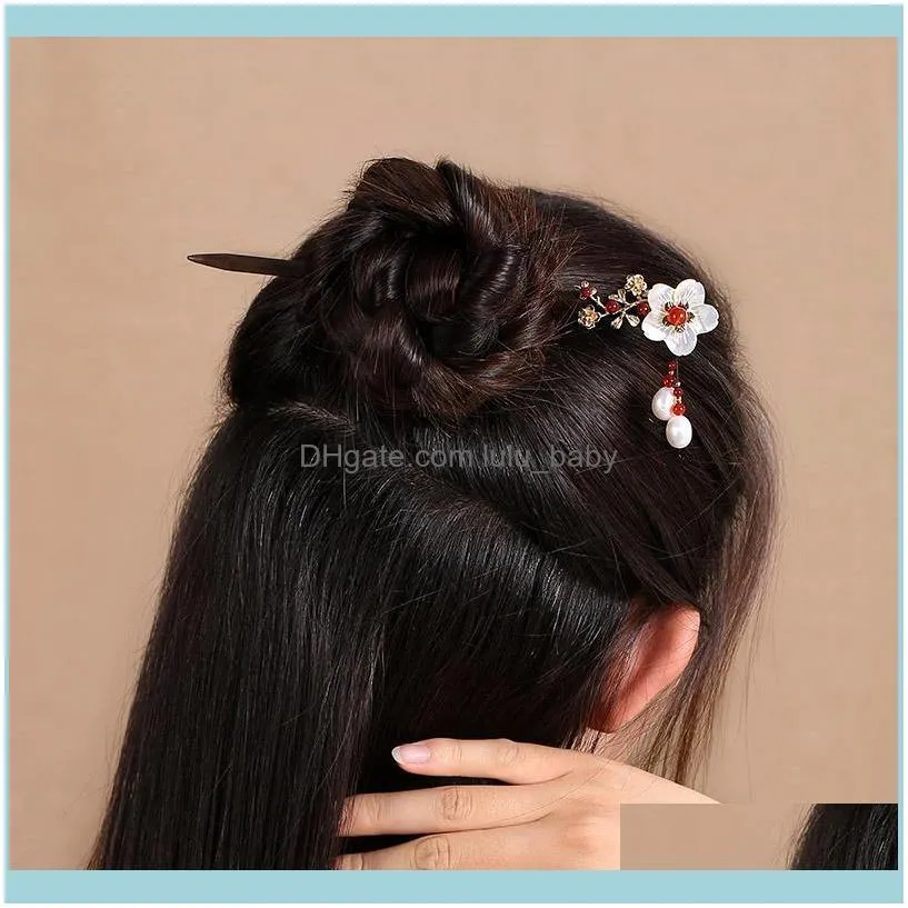 Hair Clips & Barrettes Pearl Flower Wood Hairpin Sticks Accessories Bridal Hairwear Colorful Enamel Wedding Bride Retro