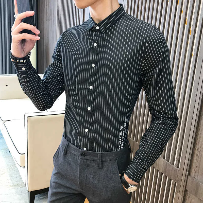 Camicia a righe da uomo manica lunga slim fit casual camicie eleganti coreano streetwear social night club party blusa camisa masculina 210527