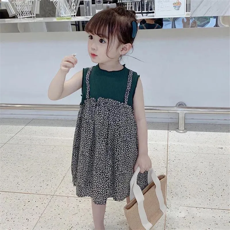 Girl's Dresses Summer Baby Girls Fake Two-piece Children's Small Floral Pattern Sleeveless Cute Trendy Stitching