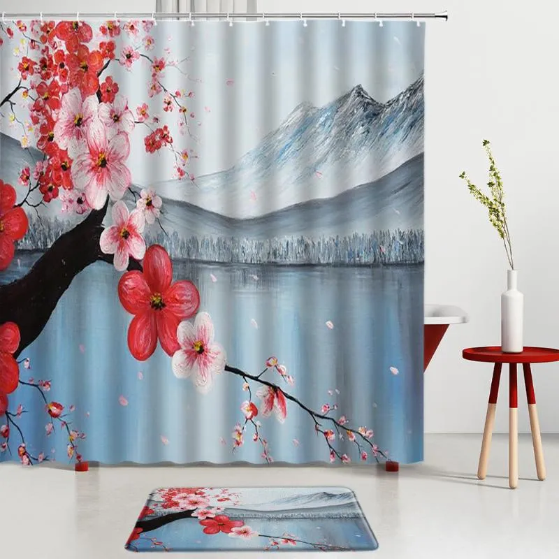 Shower Curtains Oil Painting Landscape Pink Red Flowers Set Snow Mountain Natural Scenery Bath Mat Screen Room Decoration