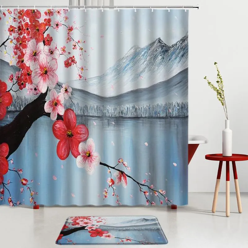 Douchegordijnen Olie Painting Landschap Roze Rode Bloemen Set Snow Mountain Natuurlijk landschap Badmat Scherm Room Decoratie