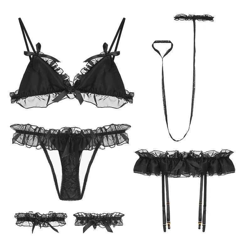 Japanese Sexy Bras and Panties Sets for Women White Black Pink Lingerie Femme Cute Underwear Ruffles Bra Panty Garter Nightwear Q0705
