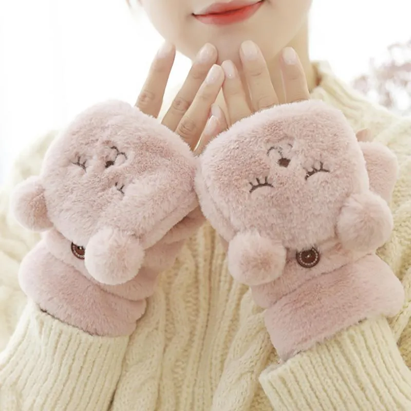Five Fingers Gloves Cute Animal Cat Bear Fur Mittens Women Winter Ear ...