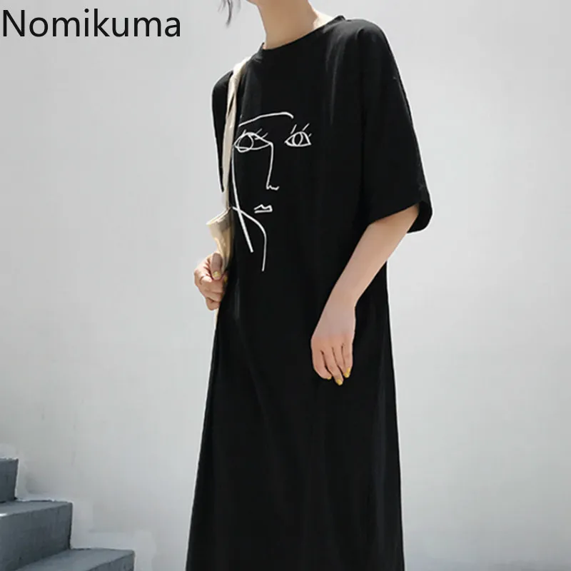 Nomikuma rakt lös svart klänning kvinnor o nacke kortärmad slits avslappnad mode klänningar kvinnlig abstrakt linje tryckta vestidos 210514
