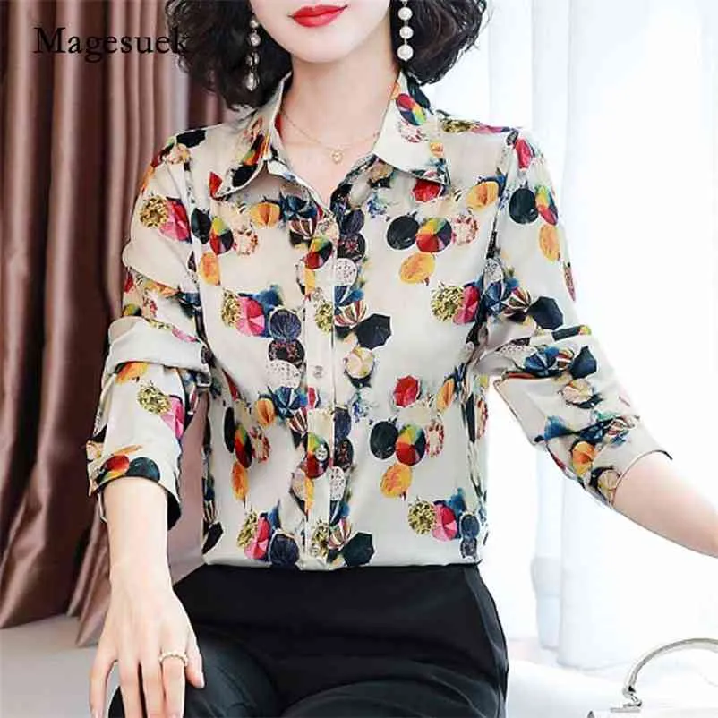 Office Lady Long-Sleeve Floral Button Cardigan Women Blouse Printed Satin Silk Tops för Plus Size Ladies Shirt 10723 210518