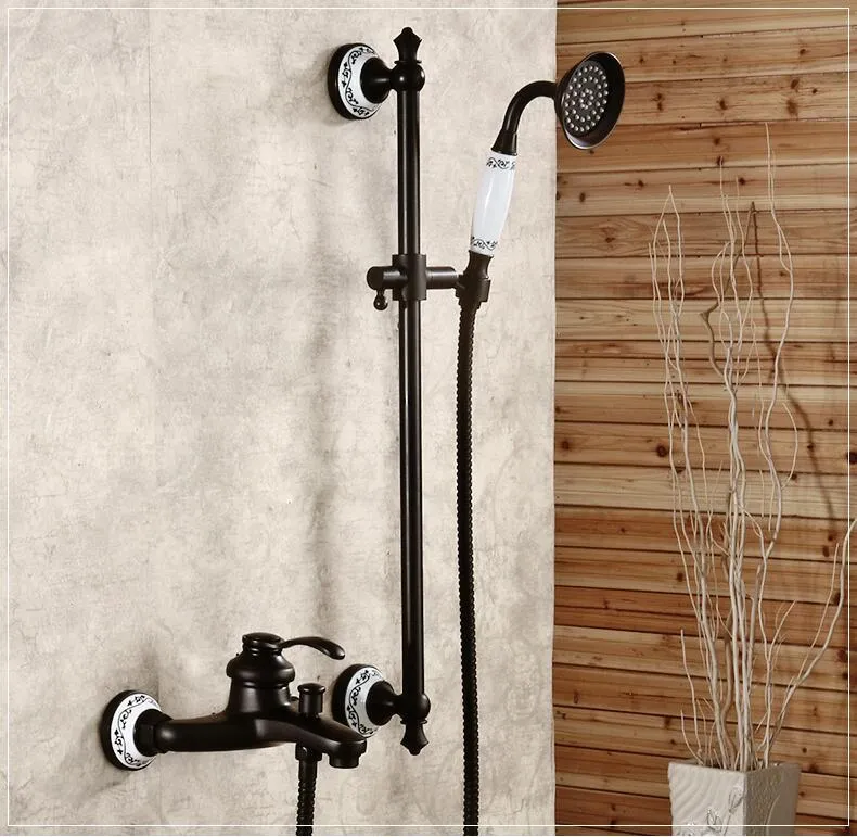 Ensemble de robinet de douche mural en laiton antique noir avec baignoire et avec barre coulissante Robinet d'eau froideH9589 Ensembles de salle de bain