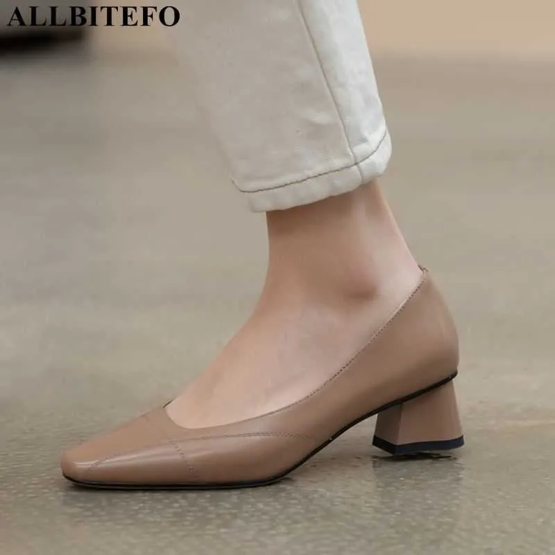 Allbitefo Square Toe Full Äkta Läder Märke Högklackat Kontor Ladies Skor Kvinnor Högklackat Skor Spring Women Heels 210611