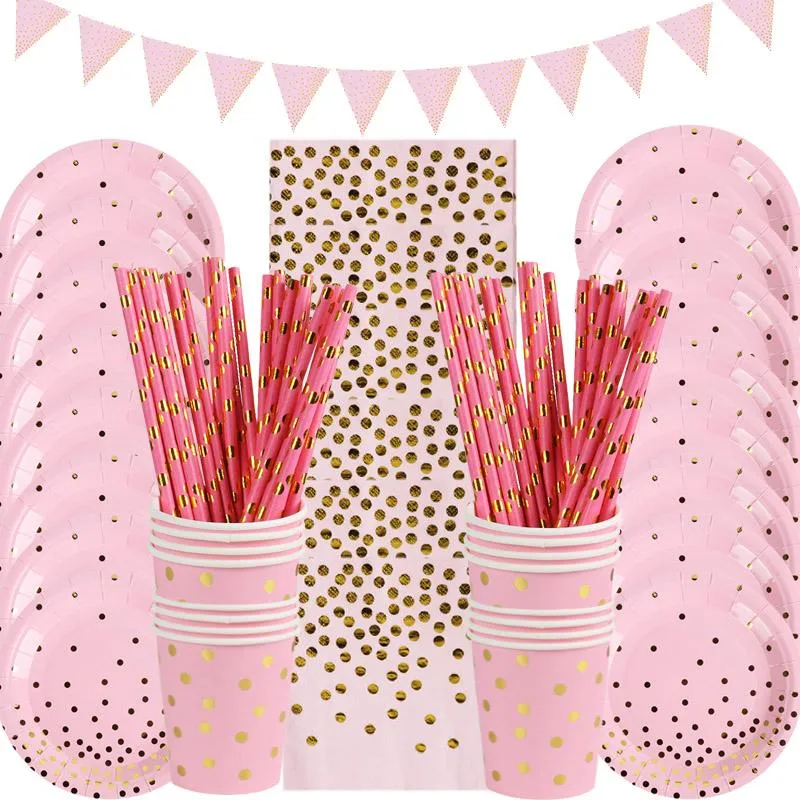 Engångsgräs blå rosa rose stampning polka dot papper kopp tallrik bordsbord uppsättning festdekoration leveranser