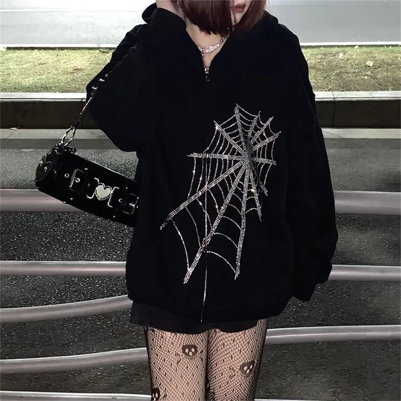 Harajuku Dış Giyim Fermuar Tişörtü Emo Alt Giyim Gotik Punk Örümcek Ağı Kapşonlu Kadın Peri Grunge Koyu Artı boyutu hoodies 220304