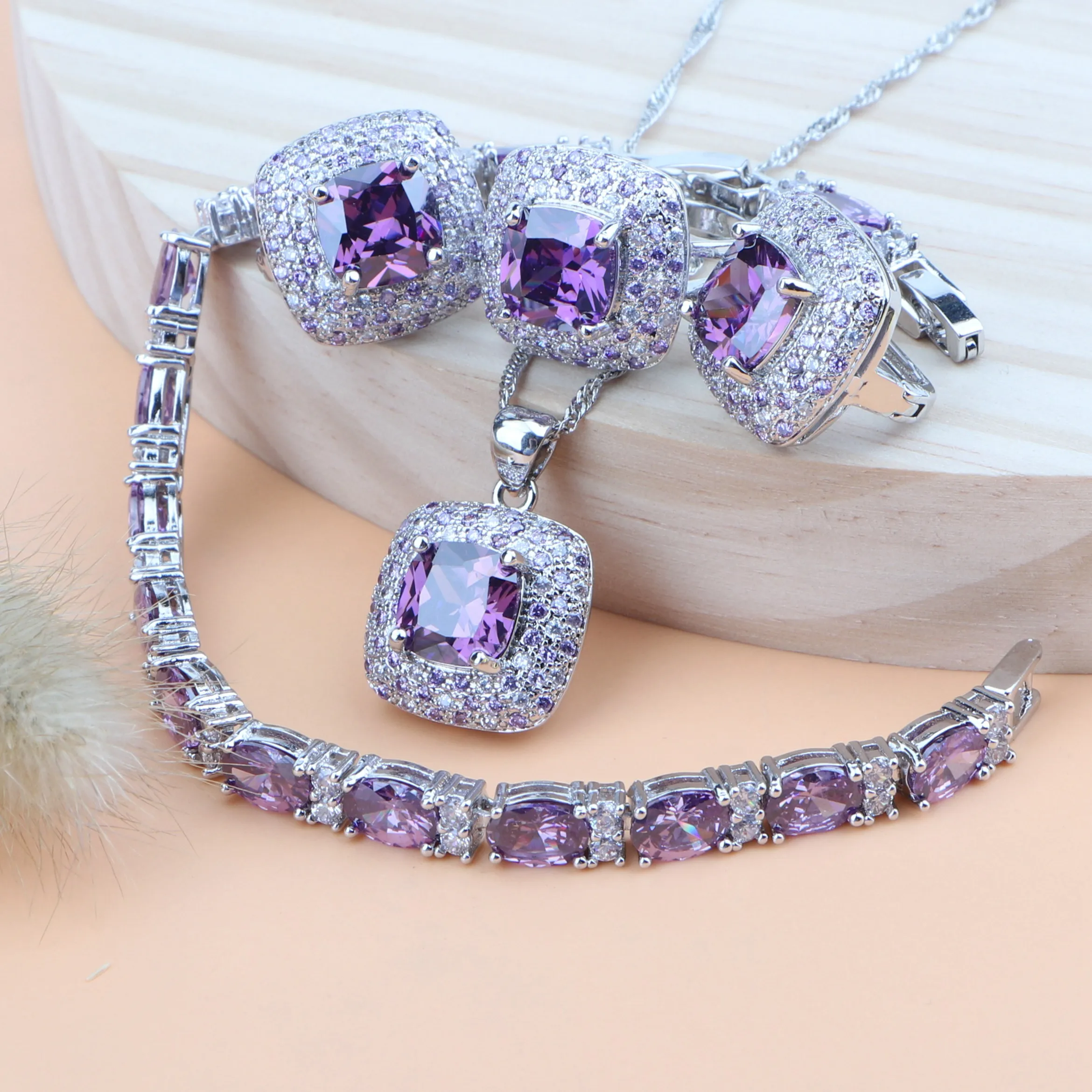 Silver 925 Women Jewelry Sets Purple Cubic Zirconia Costume Wedding Bridal Pendant Rings Earrings Bracelet Necklace Set