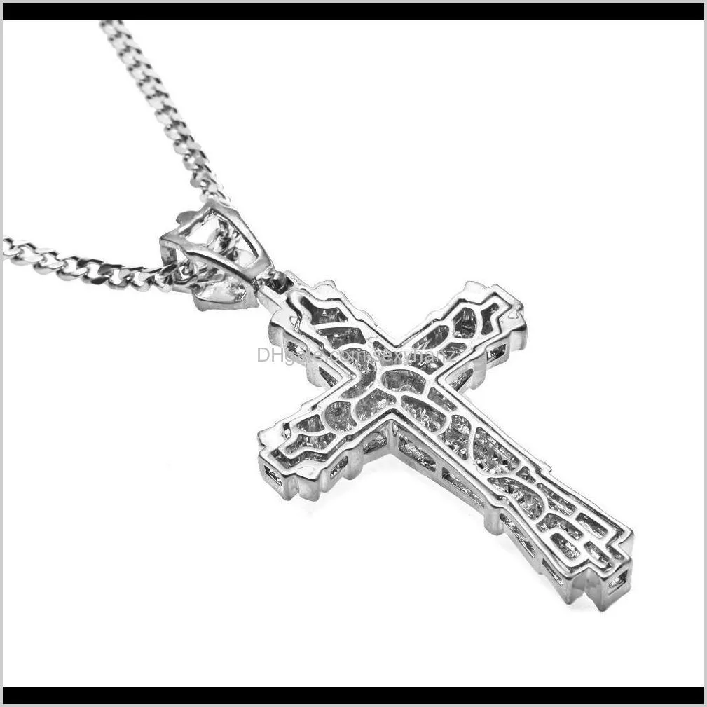 retro gold cross charm pendant full ice out cz simulated diamonds catholic crucifix pendant necklace with long cuban chain