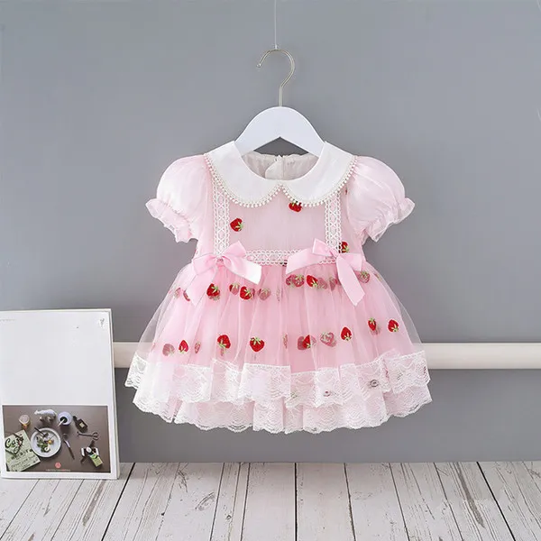 Robe de baptême du nouveau-né pour bébés filles, broderie de fraises, col Peter Pan, vêtements d'anniversaire pour nourrissons de 0 à 4 ans Q0716