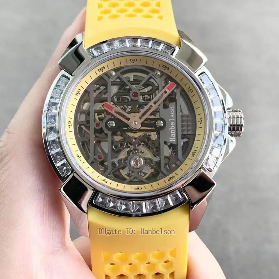 New Men Watches Diamond Bezel Movimento Automático Reserva Tourbillon Amarelo Borracha Strap Esqueleto Dial Luxusuhr WristWatch Reloj de Lujo
