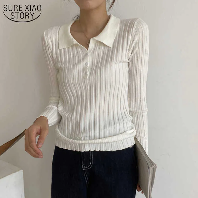 Primavera inverno lapela de malha blusas feminino manga comprida Único-breasted feminino pulôver coreano knitwear fino chique 11320 210527