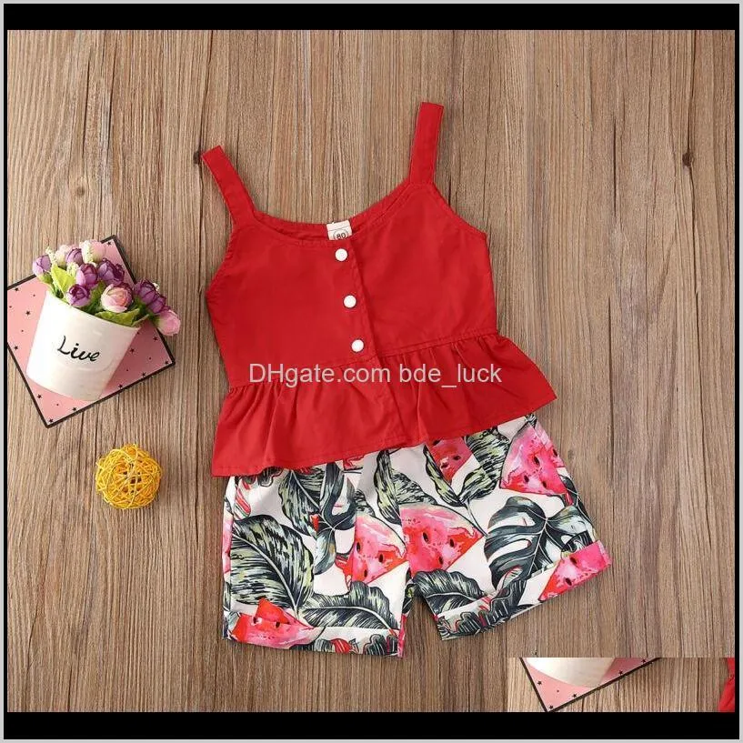 Dropshipping Summer Toddler Baby Girl Kid Clothes Sets Watermelon Print Sleeveless Ruffle Top Pants Sunsuit Outfit Clothes