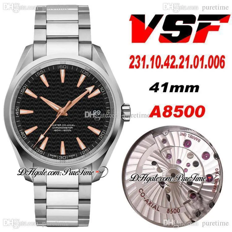 VSF Aqua Terra 150m Anti Magnetic Cal A8500 Mens Watch Black Wave Dial Rose Gold Hands Steel Bracelet 231.10.42.21.01.006 Super Edition Watches PureTime 02