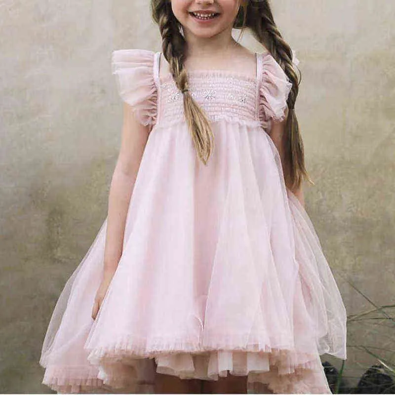 Princess Girls Dress Children's Tutu Lace Clothes Kids Summer Party Dresses Teens Square Collar Clothing Toddler Casual Dresses G1218