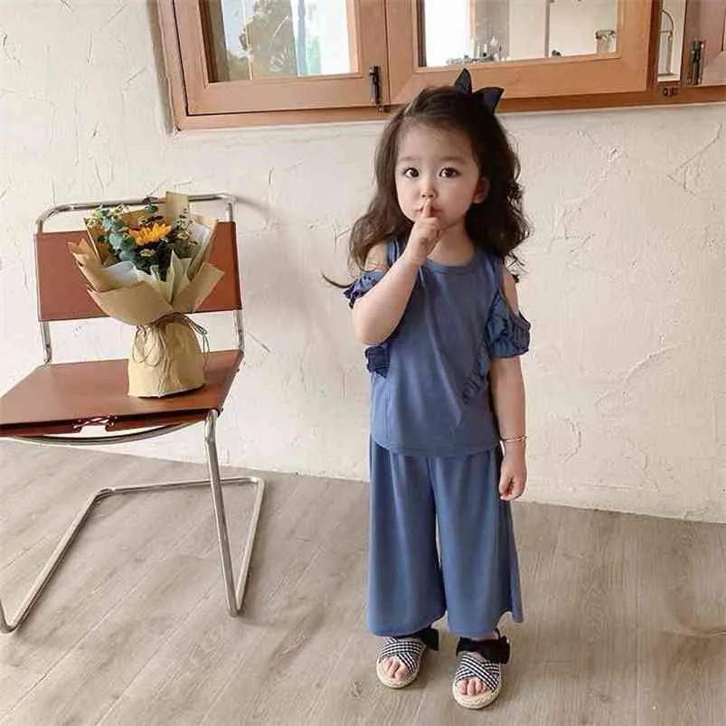 Gooporson Yaz Moda Kore Çocuk Giysileri Kız Kapalı Omuz TopWide Bacak Pantolon Küçük Çocuk Giyim Seti Kız Kıyafetler 210715