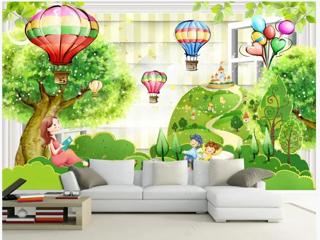 Murais Personalizados Papéis de Parede 3D Papel de Parede Modern Linda Floresta de Desenhos animados Floresta Balão Estilo Pastoral Room Infantil Pintura Papers Decoração