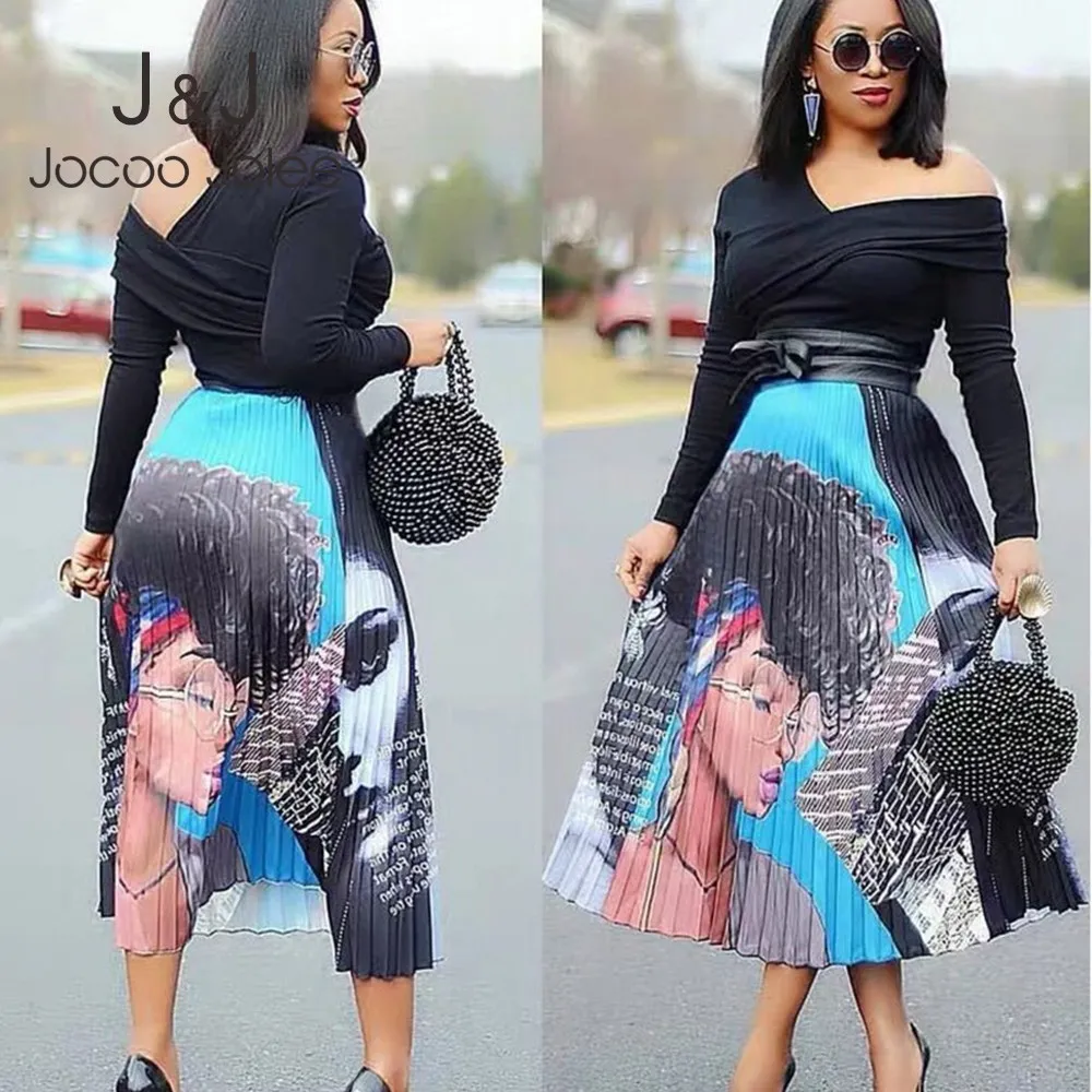 JOCOO Jolee Kadınlar Yüksek Wiast Karikatür Desen Pileli Etekler Yaz Rahat Artı Boyutu A-Line Midi Etekler Streetwear 210518