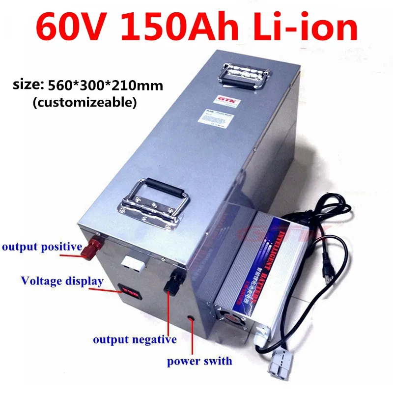 Batteria agli ioni di litio impermeabile 60V 150Ah 130Ah 120Ah 100Ah con 100A BMS per accumulatore di energia per moto solare + caricabatterie 10A