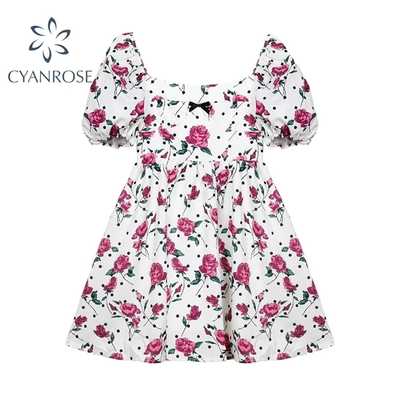 Verão Francês Floral Impressão Quadrado Vestido Mulheres Elegante Vintage Sweet Slow Manga Curta Mini Ladies Vestido 210515