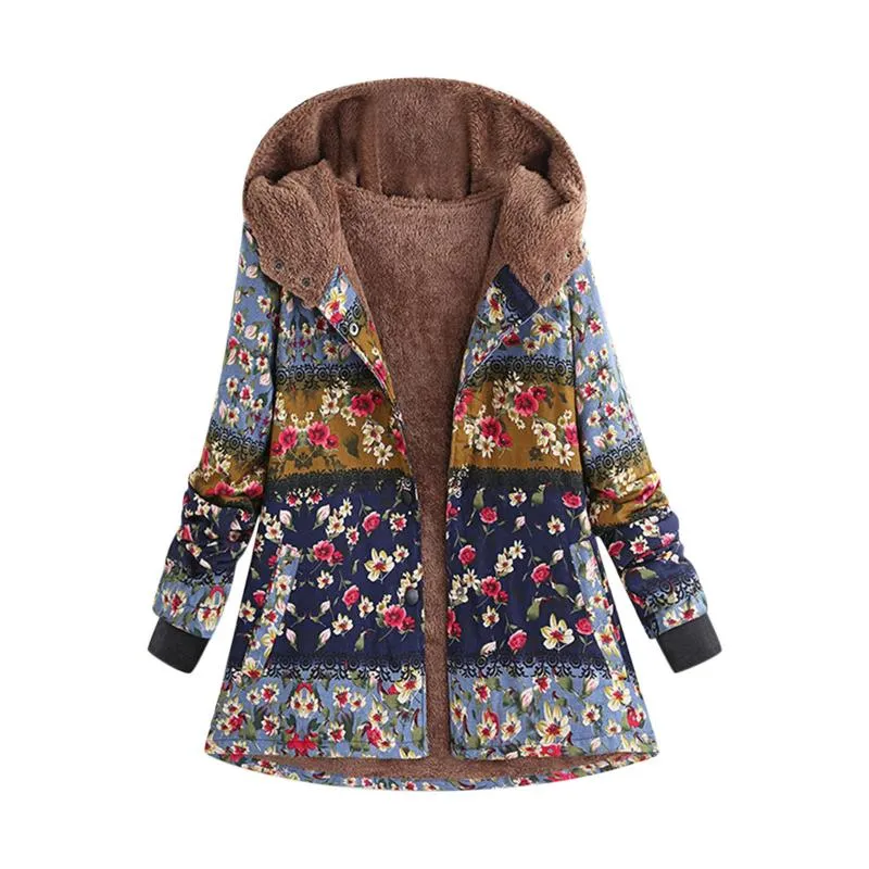여성용 재킷 꽃 프린트 코트 탑 캐주얼 지퍼 후드 긴 소매 따뜻한 겨울 자켓